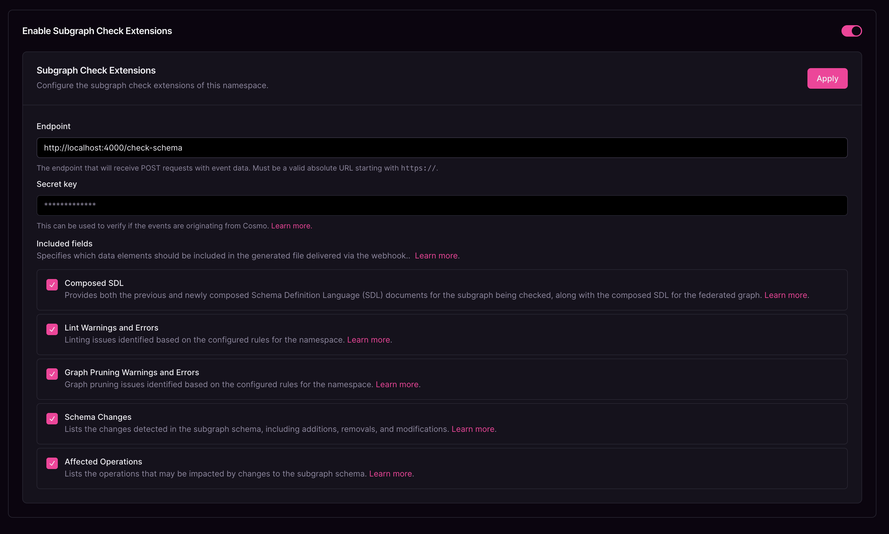 Subgraph check extensions configuration interface in Cosmo Studio